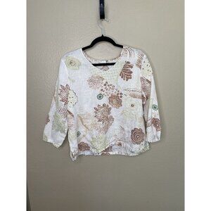 Hot Cotton Womens tan blouse Medium long sleeve pullover v-neck floral